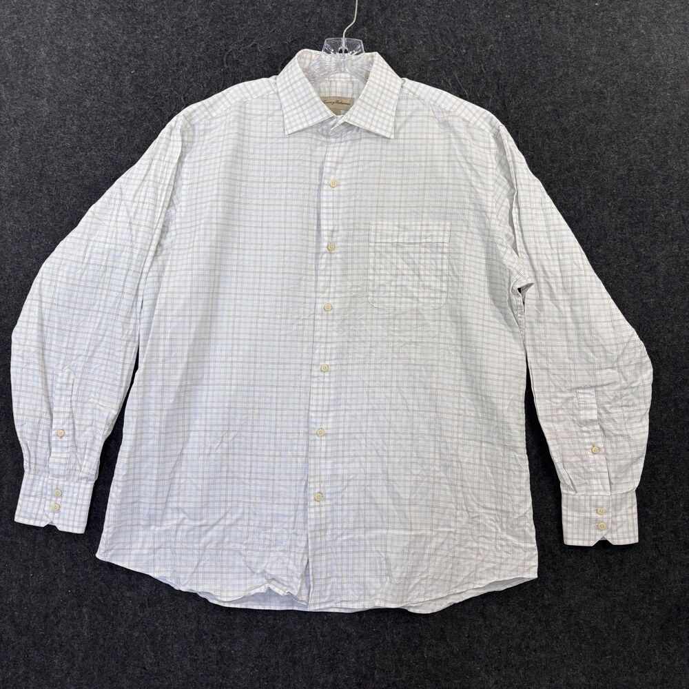 Tommy Bahama Dress Shirt Men's 16.5 34/35 White Check Cotton Pocket Beach